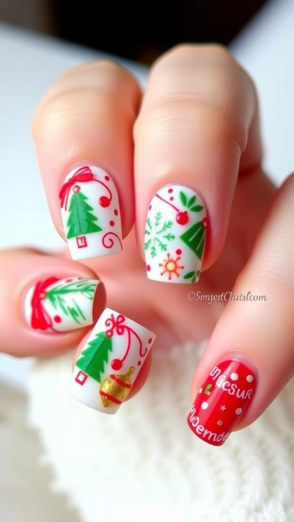 Christmas-themed nail art with snowflakes and ornaments in red, green, and gold.
